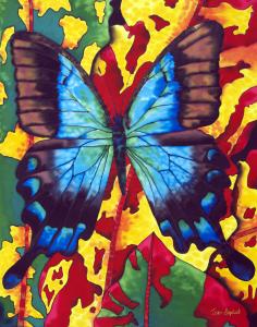 SILK PAINTING OF A BUTTERFLY and CROTON LEAVES